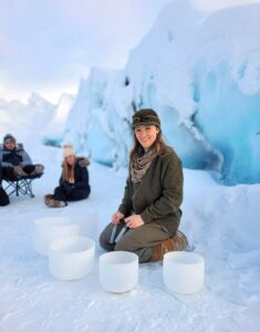 Bask in the auditory, relaxation sensation of singing bowls as sound reverberates off ancient glacier ice.